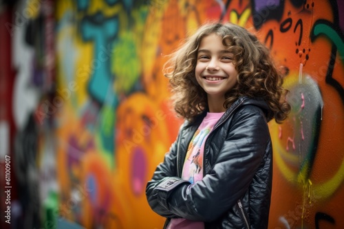 Lifestyle portrait photography of a satisfied kid female smiling against a colorful graffiti wall background. With generative AI technology