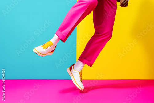 Minimalist Cyclorama: Action Shot of Person's Shoes on Brightly Colored Background