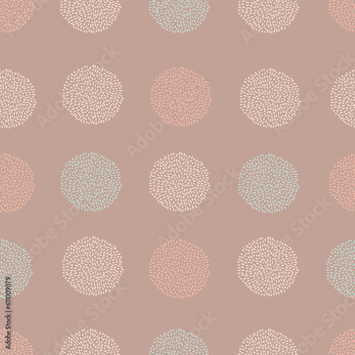 Vector seamless pattern pompom in rows in pastel blue, pink and blue color on dark pink background. Party or Birthday baby repeating pattern. 