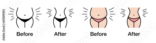 ダイエット、夏までに痩せる、デブからスリムにくびれたお腹のベクターアイコンイラスト素材