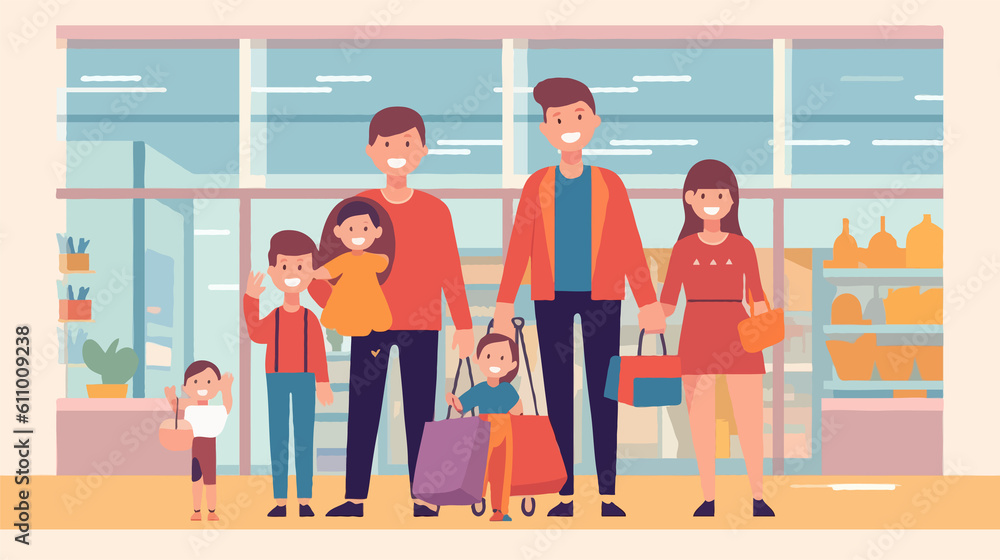 A vector of Portrait of happy black family with trolley shopping together at grocery store