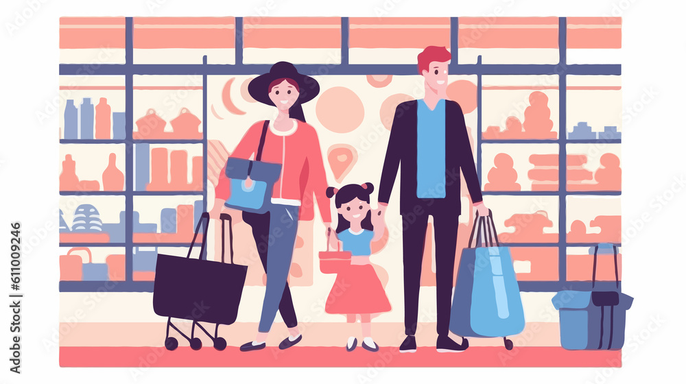 A vector of Portrait of happy black family with trolley shopping together at grocery store A vector of Portrait of happy black family with trolley shopping together at grocery store