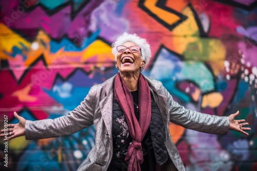 Medium shot portrait photography of a satisfied mature woman dancing against a colorful graffiti wall background. With generative AI technology