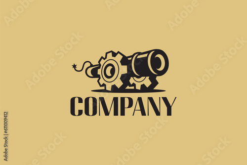 Creative logo design designated to construction company or workshop. This logo design depicts a cannon with mechanical wheels shaped like the wheels. 
