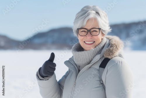 Medium shot portrait photography of a satisfied mature woman with thumbs up against a snowy landscape background. With generative AI technology