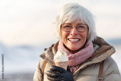 Medium shot portrait photography of a grinning mature woman eating ice cream against a snowy landscape background. With generative AI technology
