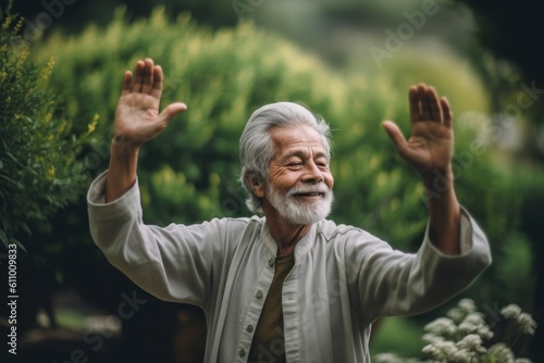 Environmental portrait photography of a joyful old man practicing yoga against a lush garden background. With generative AI technology