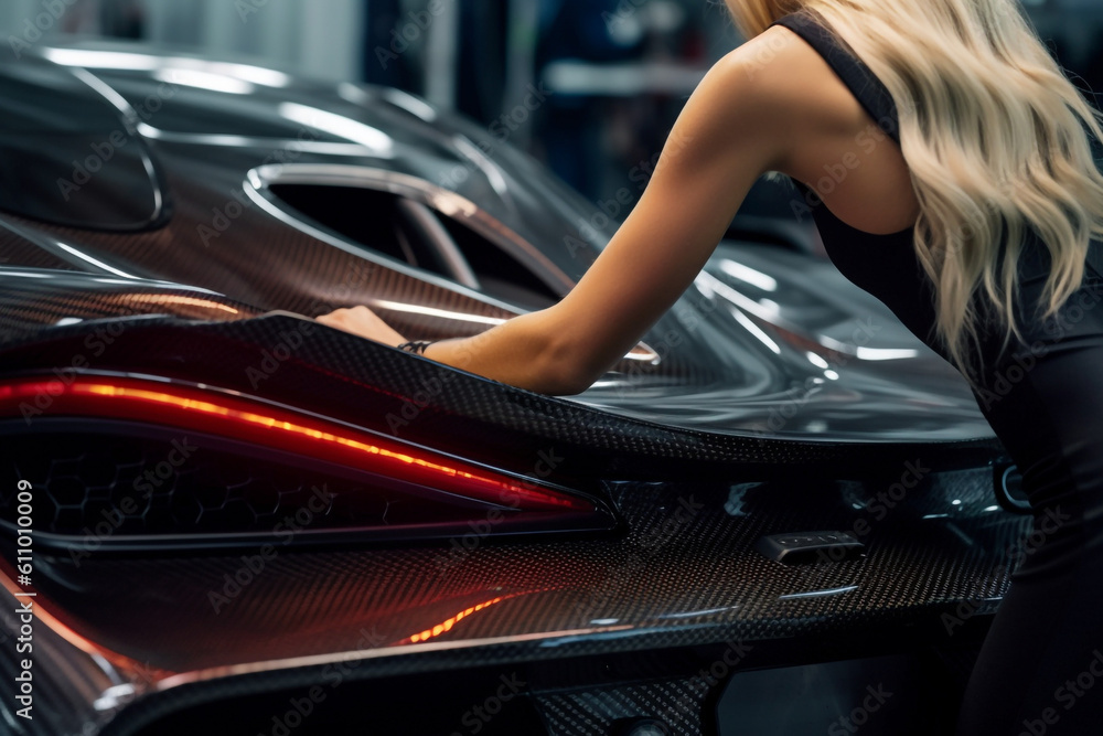 A woman car wrapping specialist at work, wrapping a sports car with