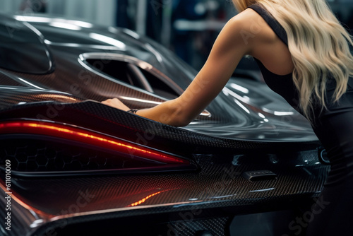 A woman car wrapping specialist at work, wrapping a sports car with vinyl carbon fiber car wrap. Making assessment after accident, Ai generated art © Pavel
