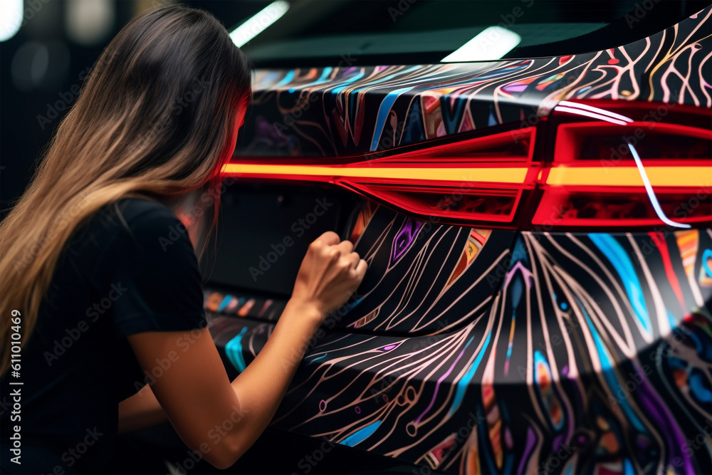 A woman car wrapping specialist at work, wrapping a sports car with livery car wrap. Car print. Ai generated art A woman car wrapping specialist at work, wrapping a sports car with livery car wrap. Car print. Ai generated art