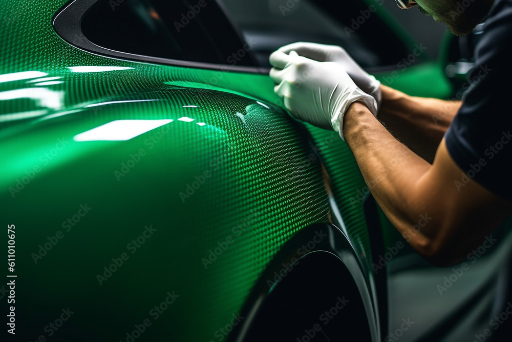 A woman car wrapping specialist at work, wrapping a sports car with vinyl chameleon car wrap. Making assessment after accident, Ai generated art - obrazy, fototapety, plakaty 