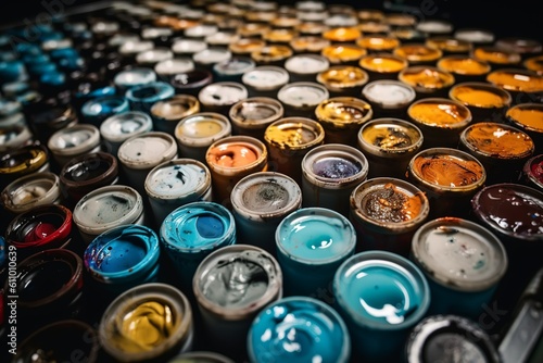 close-up abstract photo of coloured oil paint bottles, colourful paint palette, generative ai