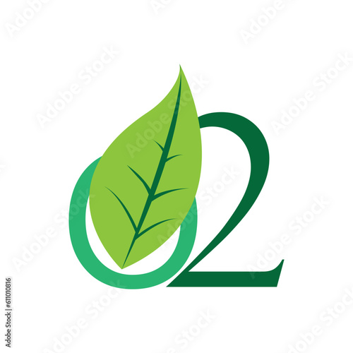 Nature Oxygen O2 icon concept and green leaves isolated on white background.