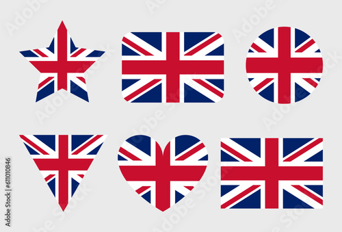Photo UK flag vector icons set in the shape of heart, star, circle and map