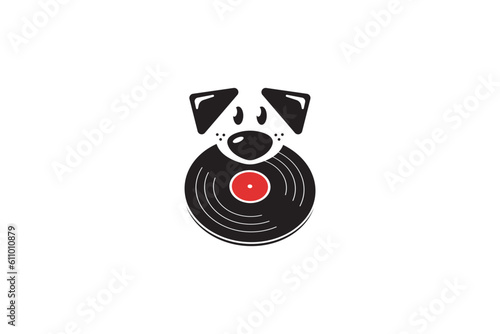 Creative logo design designated to the pet industry depicting a dog with a vinyl in his mouth.