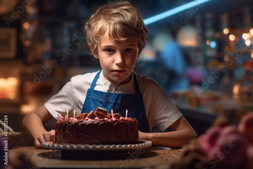 Studio portrait photography of a glad kid male making a cake against a busy street background. With generative AI technology