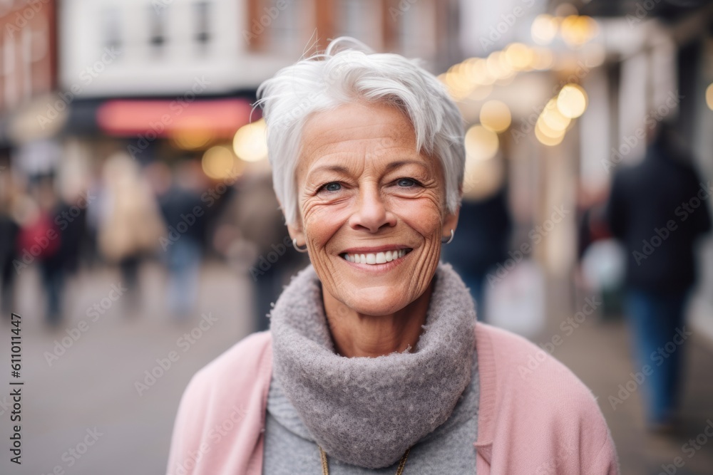 Lifestyle portrait photography of a glad mature woman smiling against a busy street background. With generative AI technology Lifestyle portrait photography of a glad mature woman smiling against a busy street background. With generative AI technology