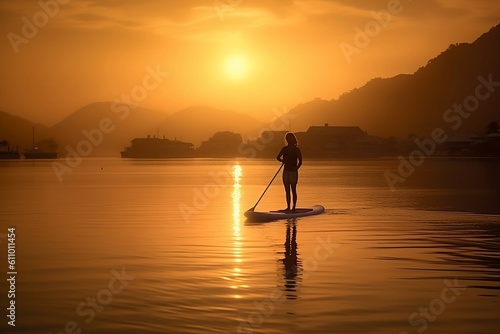 A girl or woman stands up paddle SUP board on a flat quiet river during sunrise or sunset. Stand up paddle boarding - active recreation in nature, relaxing on the ocean. Generative AI Technology