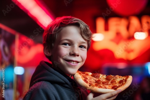 Environmental portrait photography of a glad kid male holding a piece of pizza against a neon sign background. With generative AI technology