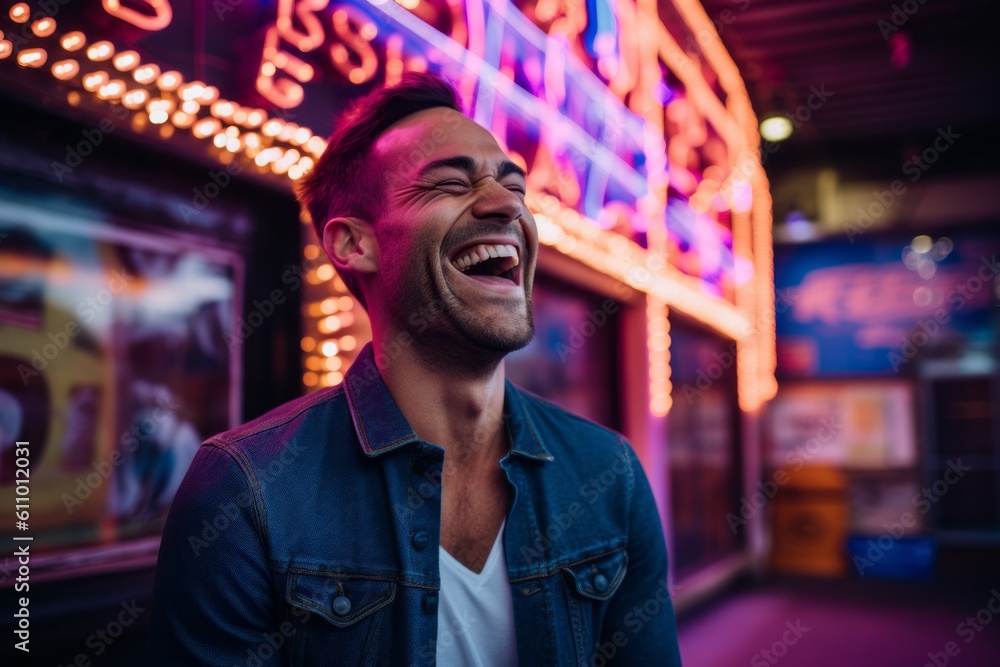 Lifestyle portrait photography of a glad boy in his 30s laughing against a neon sign background. With generative AI technology