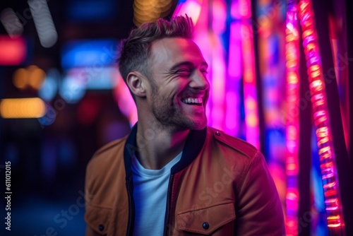 Lifestyle portrait photography of a glad boy in his 30s laughing against a neon sign background. With generative AI technology