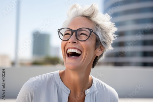 Close-up portrait photography of a grinning mature woman laughing against a modern architecture background. With generative AI technology