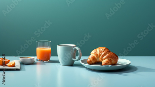 Generative AI image of a modern, complete and delicious breakfast against a color simple background