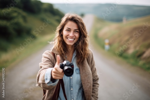 Lifestyle portrait photography of a happy girl in her 30s showing ok gesture against a winding country road background. With generative AI technology © Markus Schröder