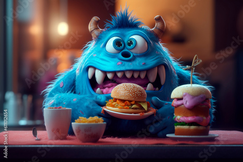 Funny cheeseburger lover. Gluttony. Generative AI. Burger day. Cute blue monster overeats street food. Illustration for children's menu, pizzeria, article, cover. Cartoon with junk food concept photo