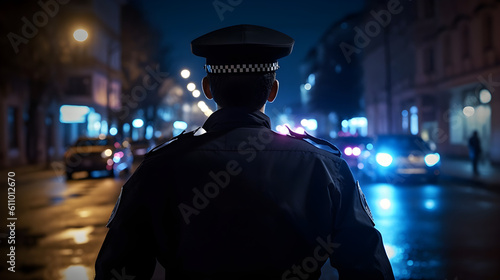 Back View of a Police Officer Patrolling Urban Area At Night