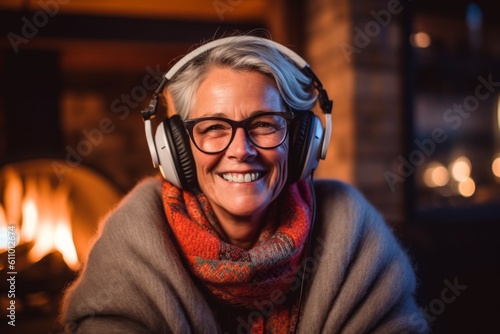 Headshot portrait photography of a grinning mature woman listening to music with headphones against a cozy fireplace background. With generative AI technology © Markus Schröder