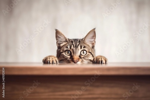 Cute Cat Peering Empty Table. Generative AI