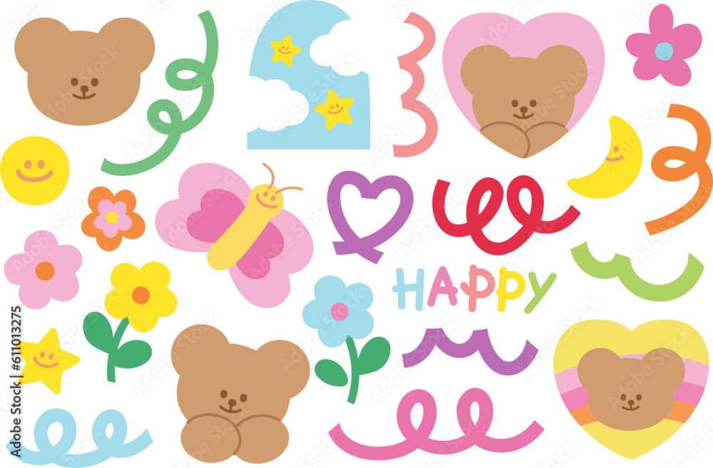 Fototapeta premium Vector illustrations of teddy bear and summer icons of butterfly, flower, HAPPY font, heart, moon, happy emoji for stickers, cartoon, characters, cute patches, brooch, shirt print, animal, zoo, picnic