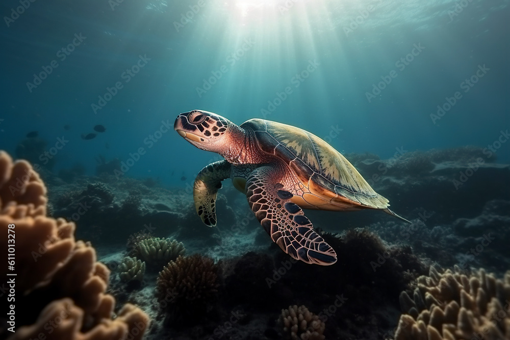 A large sea turtle swims in the sea.