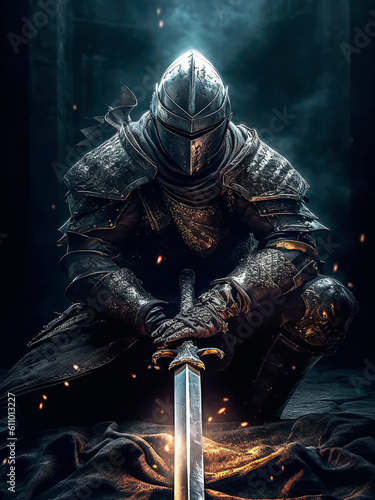 A knight in heavy metal armor knelt on one knee.