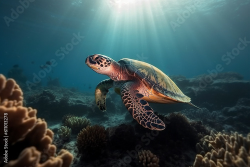 A large sea turtle swims in the sea.