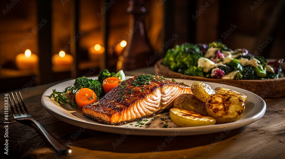 seasoned salmon on a plate with vegetables, potatoes and other ingredients, mood lighting, distressed and weathered surfaces, iconic, exacting precision, dinner salmon, veggies, 8k, 4k, hd wallpaper