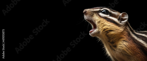 Head of a chipmunk, a close-up of a herbivore animal. The rodent screaming. Image on the right, chipmunk head on a black isolated panoramic banner background. Generative AI.