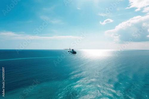 helicopter is flying over the beautiful blue sea or ocean. Rescue helicopter in search of people. tropical climate. beautiful view of the sea and clouds Generative AI © Александр Ткачук