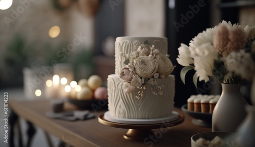 AI generative image of a white elegant wedding cake in a rustic scene at home kitchen decor indoors 