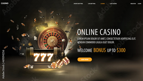 Online casino, welcome bonus, black banner with offer, neon slot machine, black playing cards, Roulette, dice and poker chips in fog on dark background