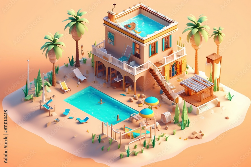 Fototapeta premium beach house with beautiful sandy shore, clear blue water, palm trees, sand castles, 3d isometric. Generative Ai