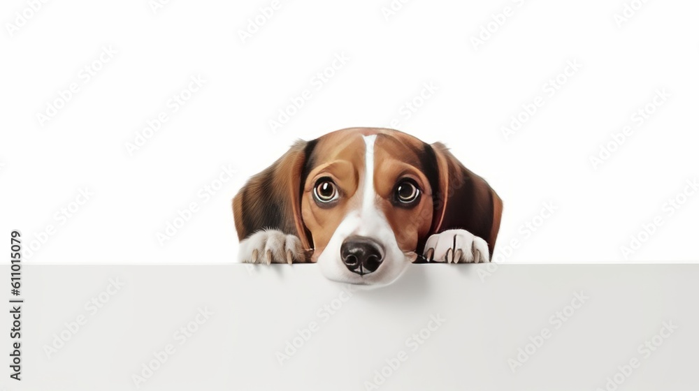 Dog peeking out from behind a white table with copy space. Generative ai