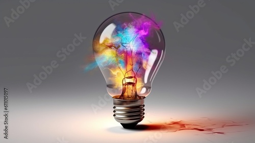Light bulb explodes with colorful paint and splashes creative on a gray background. Creative idea concept. Generative ai