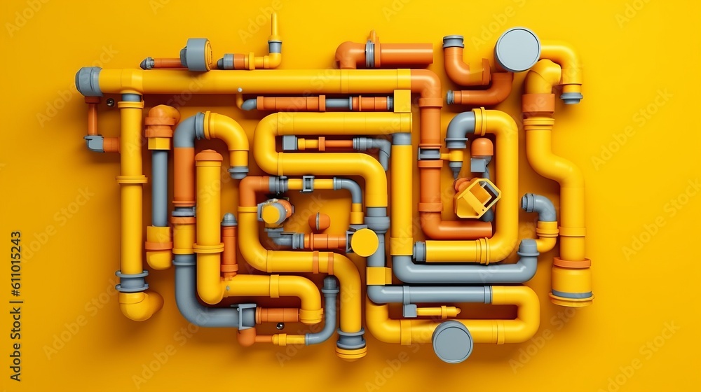 A group of yellow and gray pipes on a yellow background. Generative ai - obrazy, fototapety, plakaty 