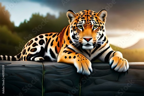 Brazilian jaguar in its natural environment. Concept of preservation of the species. On  a Pintada. Created with generative Ai technology.