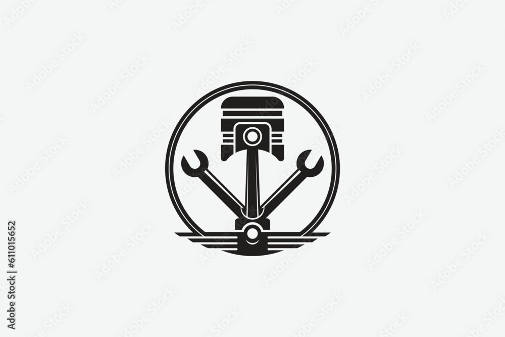 Creative logo design designated to a auto garage depicting a piston with two wrenches.
