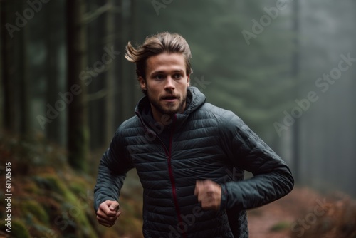 Lifestyle portrait photography of a satisfied boy in his 30s running against a foggy forest background. With generative AI technology