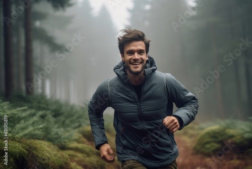 Lifestyle portrait photography of a satisfied boy in his 30s running against a foggy forest background. With generative AI technology