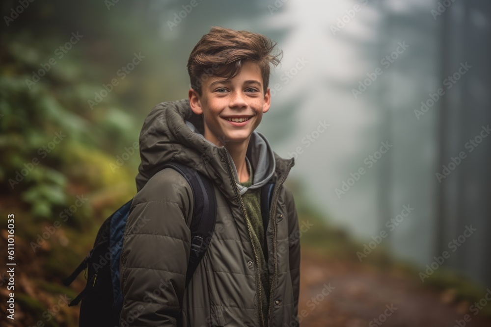 Environmental portrait photography of a grinning mature boy walking against a foggy forest background. With generative AI technology Environmental portrait photography of a grinning mature boy walking against a foggy forest background. With generative AI technology